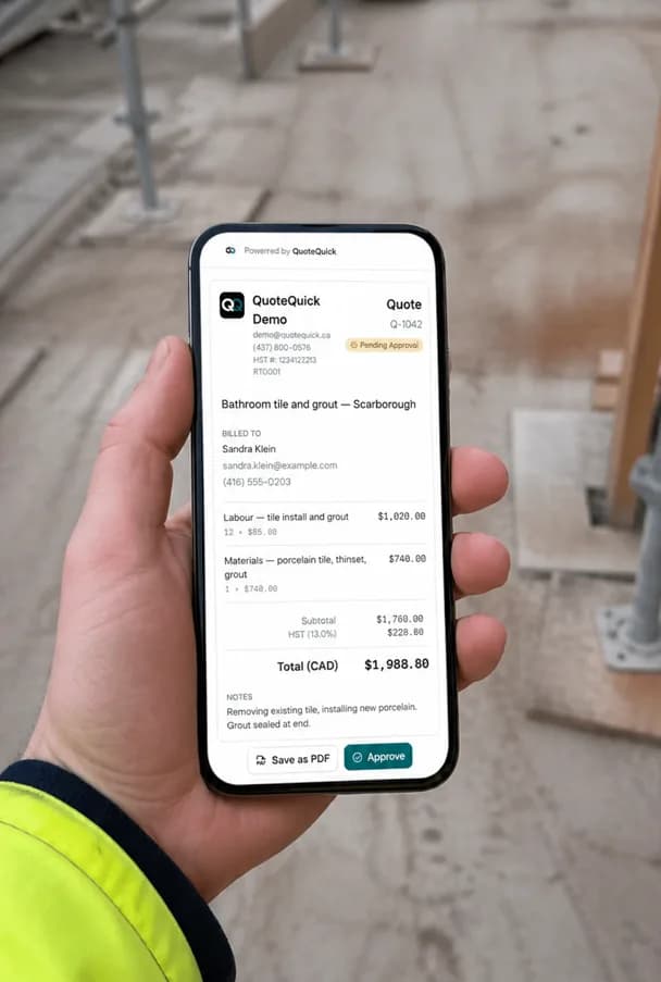 Quote approval page on a customer's phone